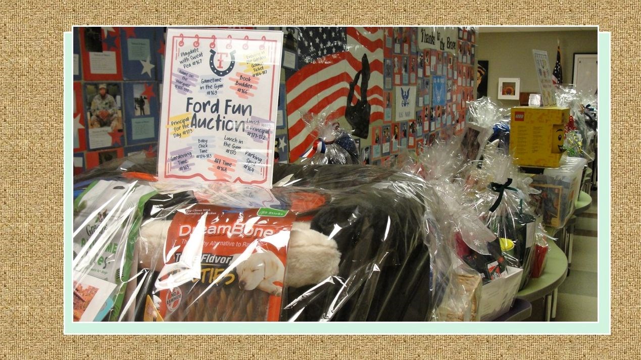 Ford PTA's Silent Auction Baskets on Tables